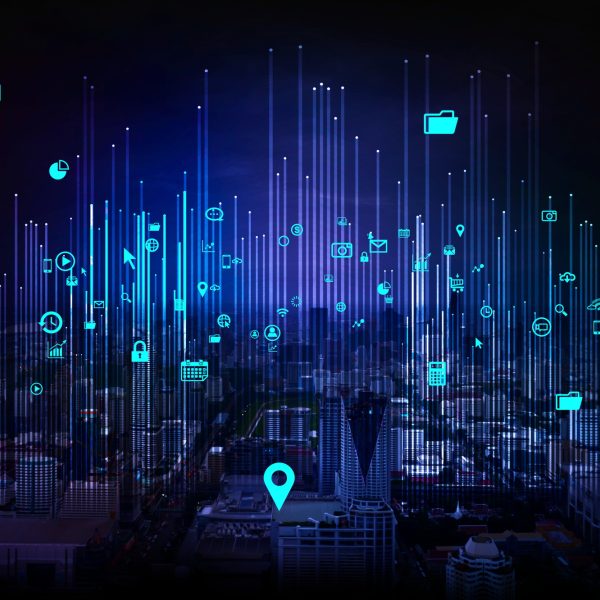 City scape at night and network connection concept